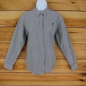 Chaps Button Up Shirt Womens L Black‎ White Striped Cotton Long Sleeves Collared